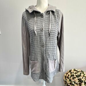 Mod-o-doc Gray Waffle Knit Button Front Hooded Hoodie w/ Pockets Womens M